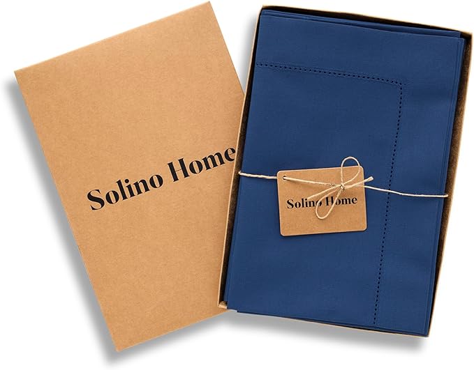 Solino Home Cotton Linen Napkins Set of 4 - Hemstitch Lapis Blue Dinner Napkins Cloth 20 x 20 Inch for Mothers Day - Handcrafted and Machine Washable