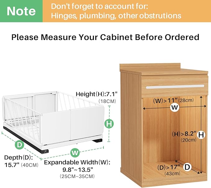 Pull out Cabinet Organizer, 2-Pack Expandable Width(9.8"-13.8") Heavy Duty Slide out Drawers with Raising Pad for Framed Cabinets, Adhesive Roll Out Shelves for Pantry, Kitchen,Bathroom Storage(White)