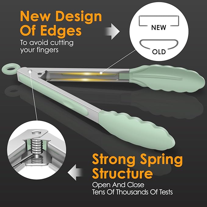 Hotec Premium Stainless Steel Locking Kitchen Tongs with Silicon Tips, Set of 2-9" and 12" Light Green