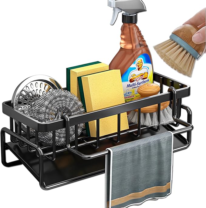 Kitchen Sink Organizer Caddy, Stainless Steel Sink Sponge Holder 30°Tilt Self-Drainage,Sponge Rack with Dish Brush Holder,Soap Dispenser for Kitchen Countertop Storage,9.1x4.1x3.5 Inch