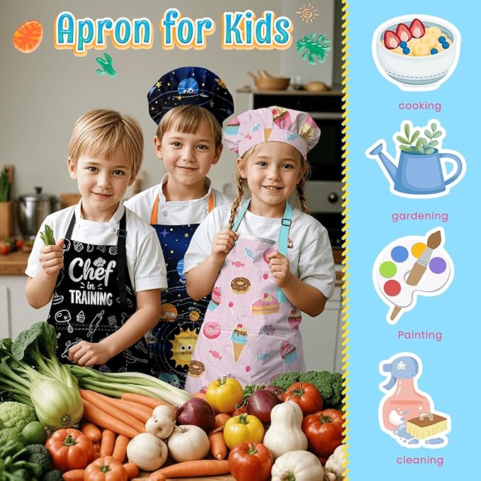 SANDJEST Kids Apron with Chefs Hat Set, Kitchen Apron Gifts