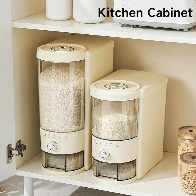 Rice Dispenser 20 lbs | Large Rice Storage Container for Kitchen&Pantry - Space-saving, Moisture & Pest-proof, BPA-Free - Dry Food Dispenser with One-Touch Dispenser & Measuring Cup for Families