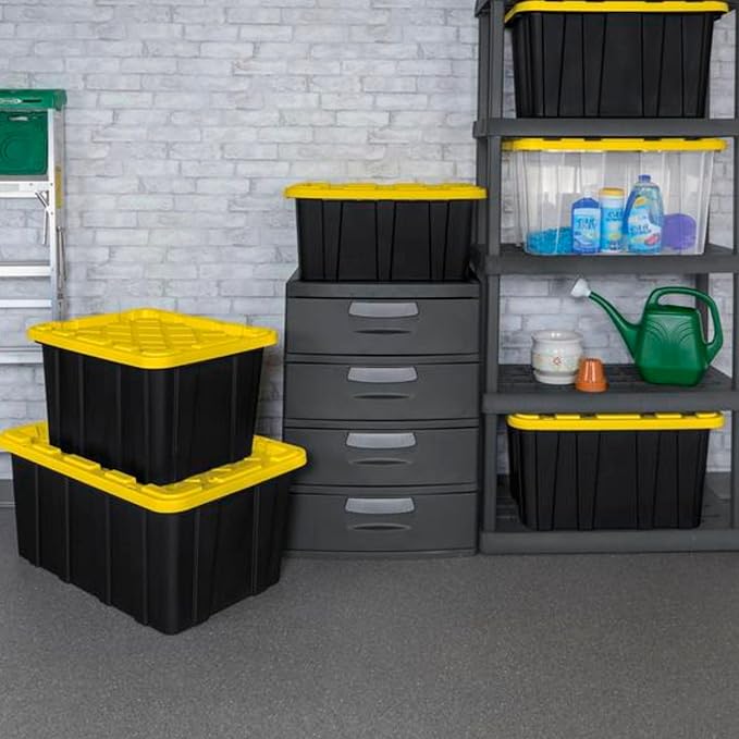 Sterilite 12 Pack Industrial Tote, Plastic Storage Container Bins with Lids, 27 Gallon - Heavy-Duty Organizing Containers for Closet, Bathroom, and Office