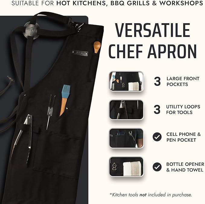 Asaya Chef and BBQ Apron with Bottle Opener and Hand Towel - 10oz Cotton Canvas, Stainless Steel Hardware - Cross Back Straps