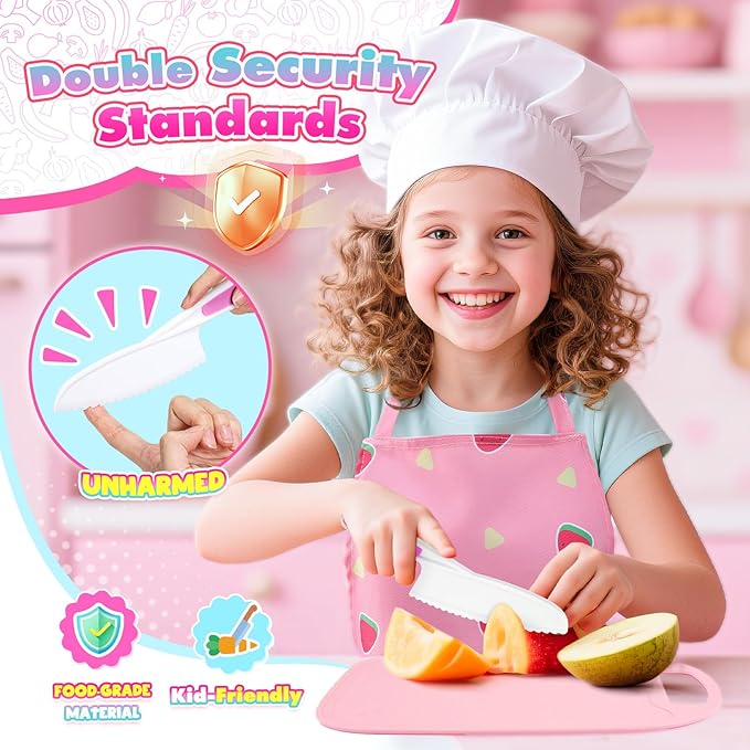 Kids Baking Cooking Set Real & Toddler Kid Apron, Kids Knife Set for Real Cooking & Basket,Food-Grade Material,Montessori Toddler Kitchen Tools, Christmas Birthday Gift for 3-10 Year Old Girls Boys