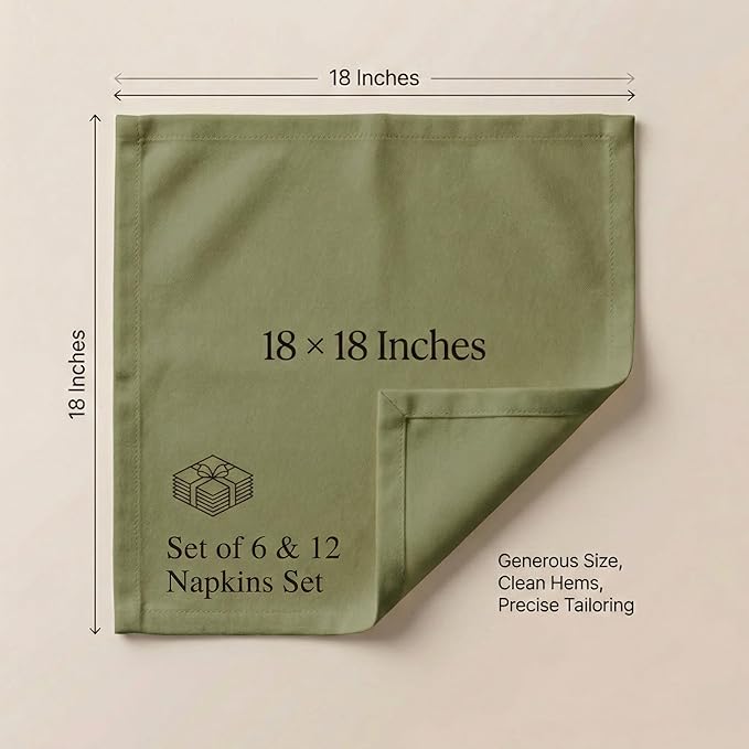 Accent Home 100% Cotton Napkins, Delicate Cloth Napkins for Dinners, Parties and Weddings，18 x 18 Inch Set of 6 - Olive Green