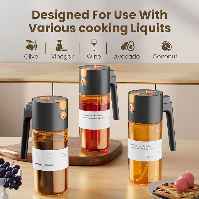 LUKUMIQI 2 in 1 Oil Sprayer for Cooking, 17oz Light-Blocking Glass Spray Bottle with Stickers, Oil Dispenser for Salad, Air Fryer & BBQ