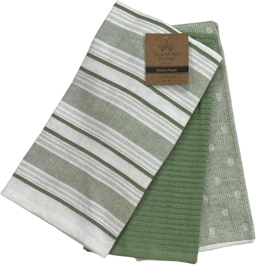 Sage Green White Kitchen Hand Dish Towels: Oversized 28" x 16",100% Cotton Cloth Soft Cleaning Drying Absorbent Striped Solid Polka Dot Design, Set of 3 Multipurpose for Everyday Use (Green Austin)