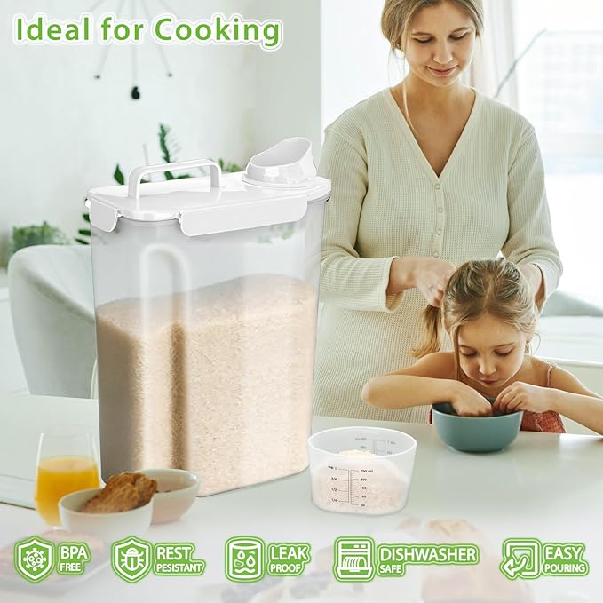Viretec Rice Storage Container, 10 to 20lb Dry Food Airtight Dispenser, Pet Dog Cat Food Canister, BPA Free Clear Plastic Kitchen and Pantry Organization Bin for Oatmeal, Cereal, Pasta, Flour White