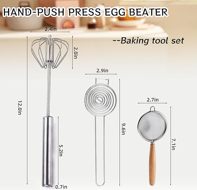 Kuars Gvni Stainless Steel Egg Whisk, Press-Type Rotating Whisk, Egg White Separator, Semi-Automatic Egg Beater, Fine Mesh Strainer, Egg Separator, 3-in-1 Kitchen Set for Baking and Cooking