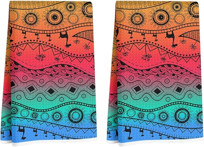 2 Pcs Colorful Boho Kitchen Towels, Soft Absorbent Tea Hand Towel, Microfiber Dish Cloths for Drying Dishes, Waffle Dish Towels for Kitchen Bathroom Home Decor, Housewarming Gifts for Women Mom