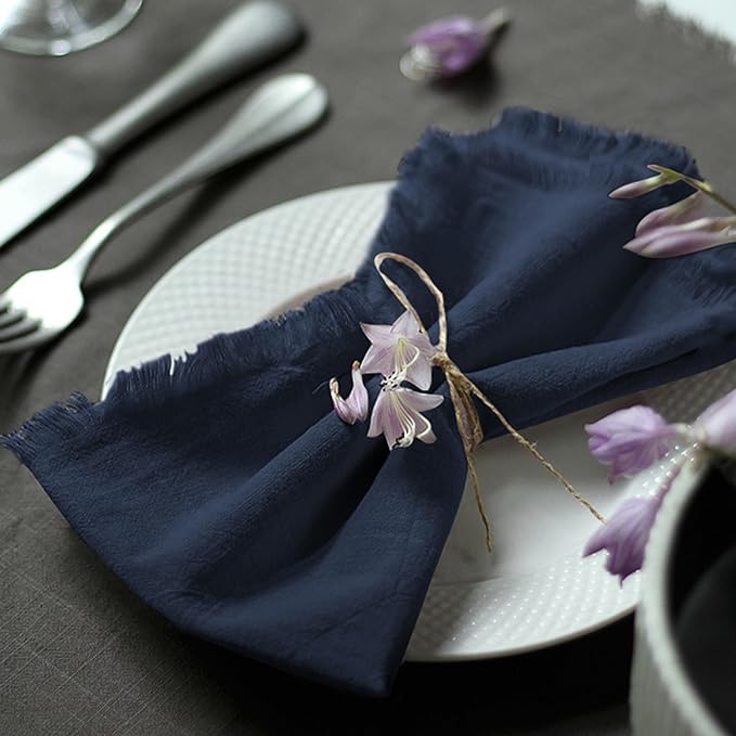 Handmade Cloth Napkins 100% Cotton Napkins with Fringe，Delicate Handmade Cloth Napkins for Dinners, Parties, Weddings and More，18 x 18 Inch Set of 4 - Navy Blue