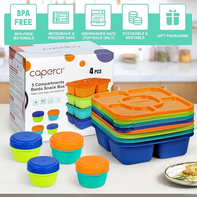 Caperci Original Lunchable Snack Containers for Kids & Adults - 5 Compartments Bento Snack Boxes with 4 Leakproof Small Containers, Wheat Straw, BPA-Free, Set of 4