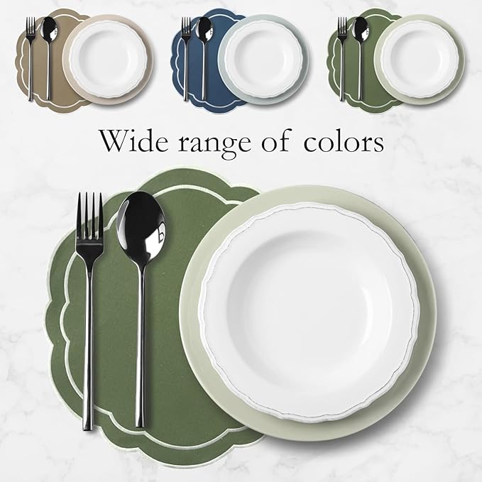 Round Placemats Set of 4, Cotton Linen- Double Layered, Luxury Scalloped Embroidered Cloth Table mats, 16 inch, Washable Fabric Dining Placemat (Green)