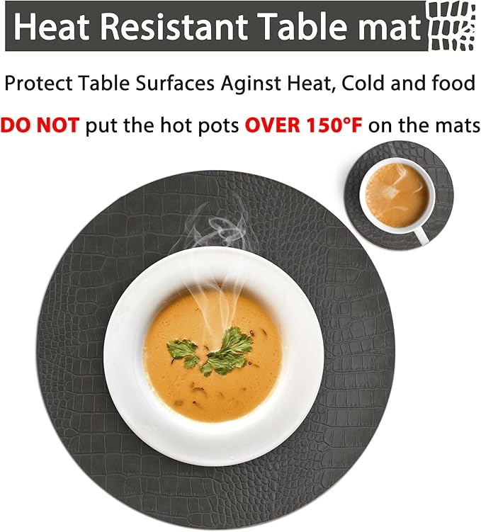 Round Leather Placemats for Round Tables Set of 8, Gray Table Place Mats and Coasters, Washable Easy to Care for Indoor Decor 13" Diameter