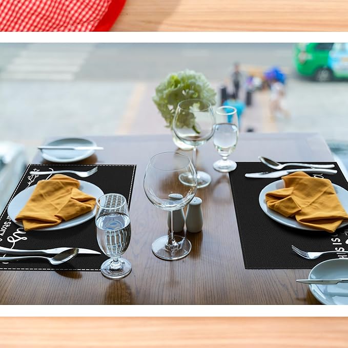 Farmhouse Placemats Set of 6 Linen Placemats 18x12'' Rustic Table Mats with Sayings Housewarming Gifts Country Tablemats Washable Cloth Place Mats for Farmhouse Table Setting(Black)