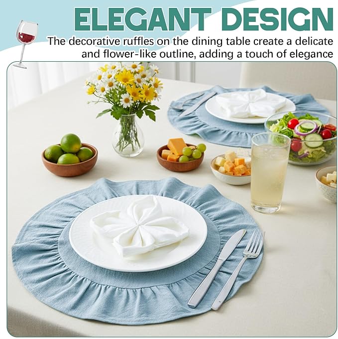4 Pcs 15 Inch 100% Cotton Scalloped Round Placemats, Thin Light Blue Place Mats with Ruffle, Washable Placemats Table Mats for Kitchen Dining Holiday Gatherings Decor
