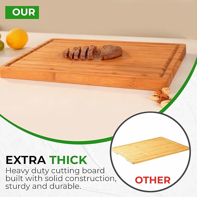 Bamboo Cutting Board for kitchen – .8" Thick Wood Chopping Board with Juice Groove and inner handle. Charcuterie & Butcher Block for Meat, Vegetables & Cheese, Brown (14"x10")