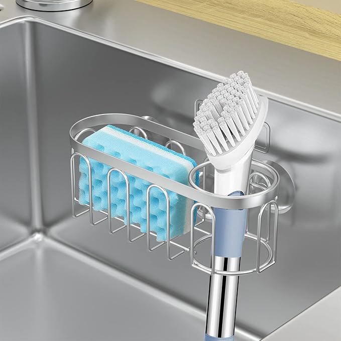 Yazoni 2-in-1 Sponge Holder for Kitchen Sink, Sink Caddy Kitchen Sink Organizer with 3 Suction Cups, No Drill Rustproof Sink Sponge Holder for Dish Brush, Soap & Sponge (Silver)