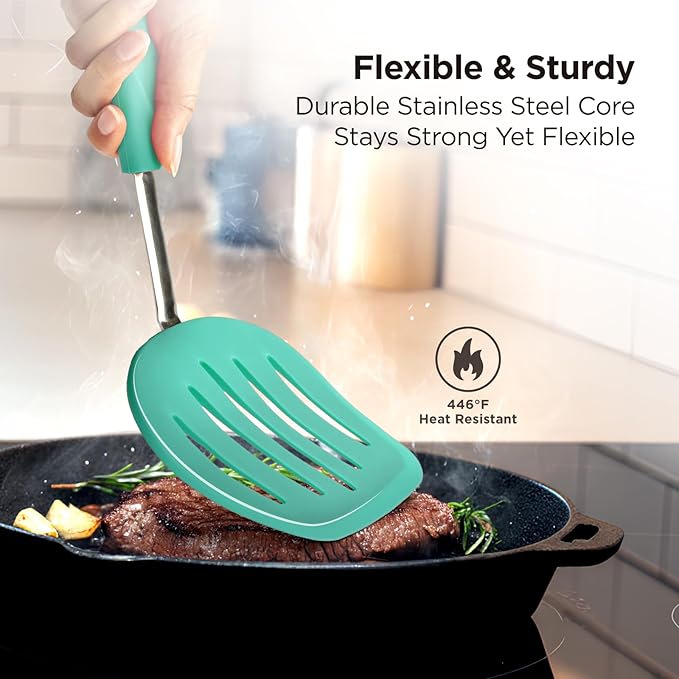 Kitchen Mama WaltzGrip Platinum Silicone Pancake Spatula Turner: Heat Resistant Flexible, Stainless Steel Core, Nonstick, Dishwasher Safe, Flipper – Ideal Kitchen Cookware for Eggs, Fish, Meat (Teal)