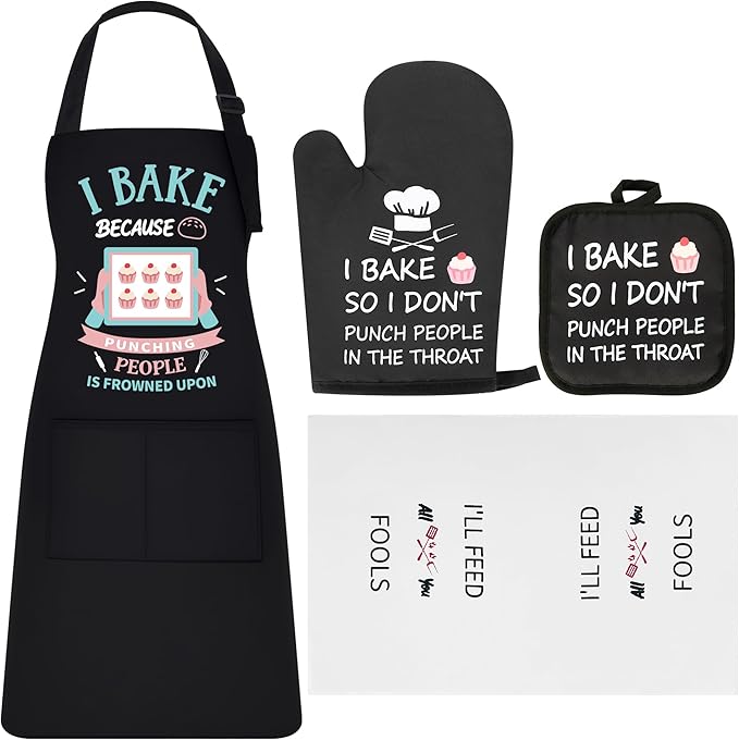 Defresit Funny Baking Apron Set for Women Men - Includes Baking Apron, Oven Mitts, Pot Holder, Kitchen Towel - Birthday Mothers Day Cooking Gifts for Baker, Mom, Wife | Thanksgiving, Christmas