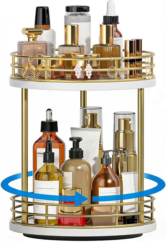 Bathroom Organizer Countertop,2 Tier Rotating Makeup Organizer Countertop for Vanity,Wooden Bathroom Counter Storage Shelf,Lazy Susan Turntable for Perfume,Skincare,Cosmetic (White-Gold)