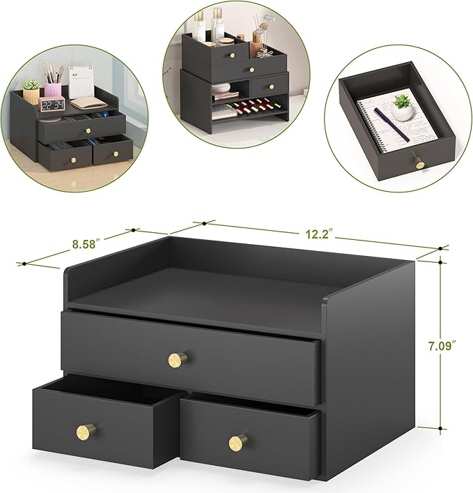 Bamboo Desk Organizer with Drawers Wooden Desktop Storage Drawers for Bills Office Supplies Kitchen Utensils Organizing Tool for Home Classroom Organization No Assembly (Black, 3 Drawers)