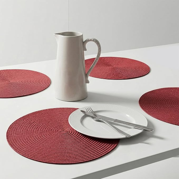 AHHFSMEI Round Placemats Set of 8 Heat Resistant Washable Non-Slip Woven Braided Table Mats for Dining Table Kitchen & Home Decor (Burgendy Red,8)