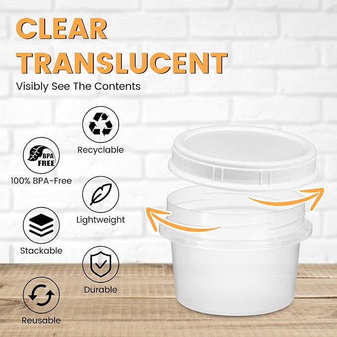 TUZAZO 8 Oz Food Storage Containers with Screw Lids, 12-Count Reusable Small Freezer Plastic Containers for Portion and Meal Prep | Microwave-, Freezer-, Dishwasher-Safe | BPA Free