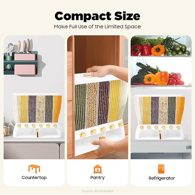 Cereal Dispenser, 6-grid Adjustable Compartment Size Grain Dispenser, 6 in 1 Clear Rice Dispenser w/ Hopper, 10kg/22.05lb Grain Storage Container, Sealed Granular Dry Food Dispenser, 16.54*6.5*14.17in