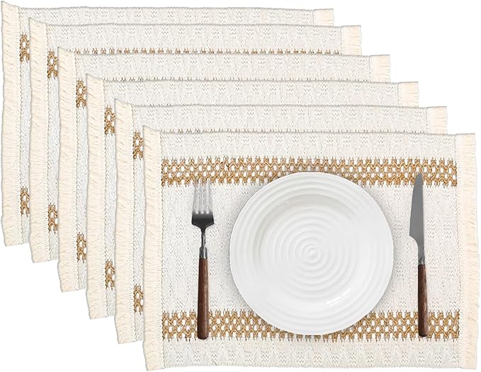 Niviy Boho Placemats Set of 6, 12x18 Inch Natural Cotton Burlap and Kitchen Woven Placemats with Tassels for Dining Table Centerpiece Thanksgiving Home Decorations