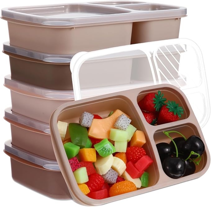 Honeydak 5 Pack Snack Containers 3 Compartment Bento Snack Boxes Divided Meal Prep Containers with Lids Reusable Adults Lunch Food Storage Box for School Work Travel(Brown)
