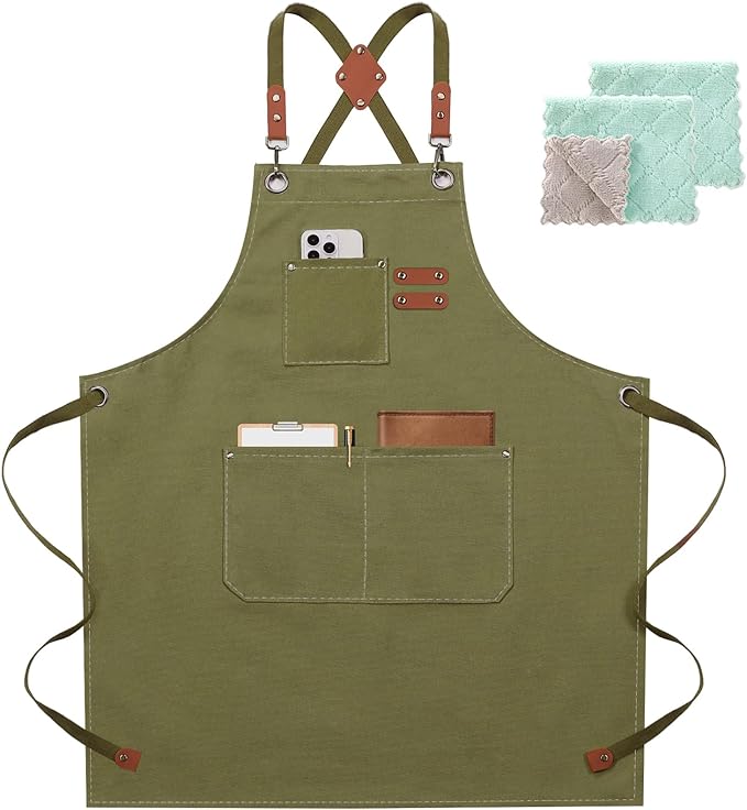 ZOMAO Chef Apron for Women Men with Large Pockets, Cotton Canvas Cross Back Waterproof Work Aprons for Kitchen Cooking Bib