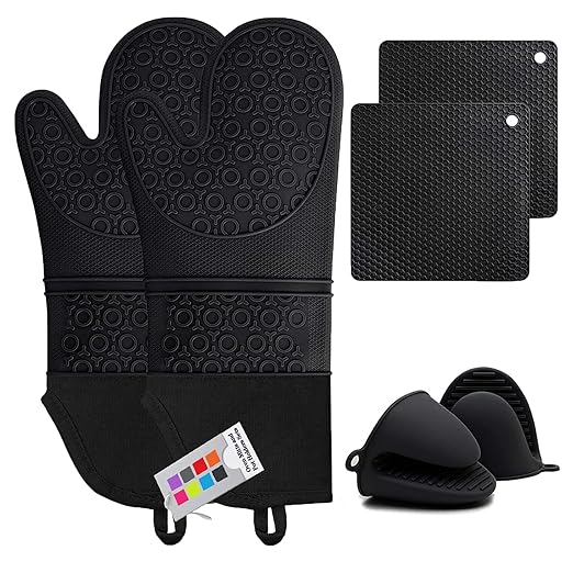 Silicone Oven Mitts and Pot Holders Sets, MTZRFLL Extra Long Heat Resistant Oven Gloves with Hot Pads and Mini Oven Mits Set for Kitchen Baking Cooking, Soft Quilted Lining, Pack of 6 (Black)