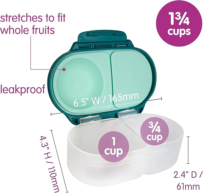 b.box Snack Box - Leakproof Mini Bento Box for Kids & Toddlers, 2 Compartment Snack Containers for Kids, Lunch Containers, Dishwasher Safe, BPA Free, PFAS Free, Ages 4m+, 1 3/4 Cup - Emerald Forest
