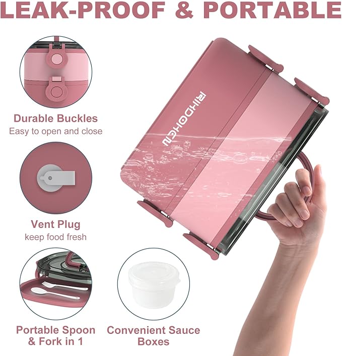 RIKDOKEN Lunch Box, Stackable 2 Layers Containers, Portable 64OZ Large Capacity Leakproof Bento Box with Spoon & Fork & Sauce Boxes, Microwave Safe Lunch Box for Kids and Adults