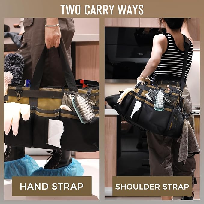 SCAVATA Wearable Cleaning Caddy Organizer with Handle & Shoulder Straps for Housekeepers, Under Sink & Car Cleaning Tool Organizer Bag with 4 Foldable Dividers (Tan)