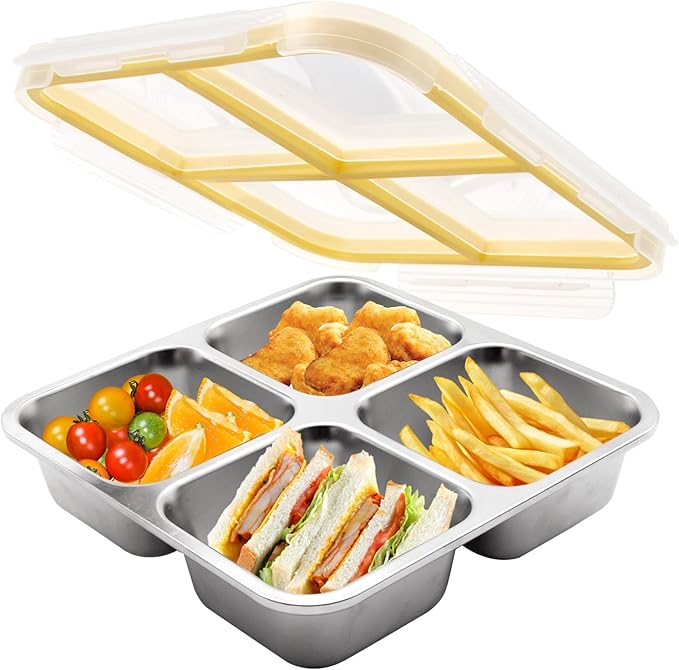 Stainless Steel 4 Compartment Snack Containers,Bento Lunch Box, Divided Meal Prep Food Storage Containers for Work and Travel