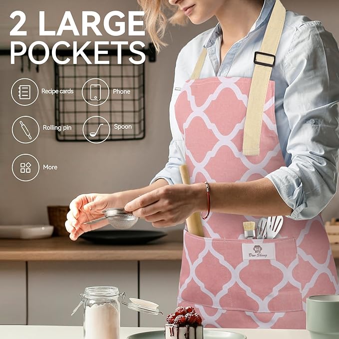 2 Pieces Aprons for Women with Pockets, Cotton Linen Waterproof Kitchen Cooking Aprons, Chef Apronfor Men Women with Adjustable Neck Strap and Long Ties(Pink/Grey)