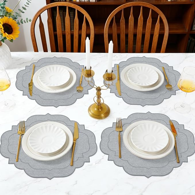 Cotton Linen Oval Placemats Set of 4, HADEEONG Table Mats Cloth Placemats, Washable Wrinkle Resistance, Scalloped & Embroidered Fabric Placemats, 17.71 x 13.77inch (Light Grey, 4)
