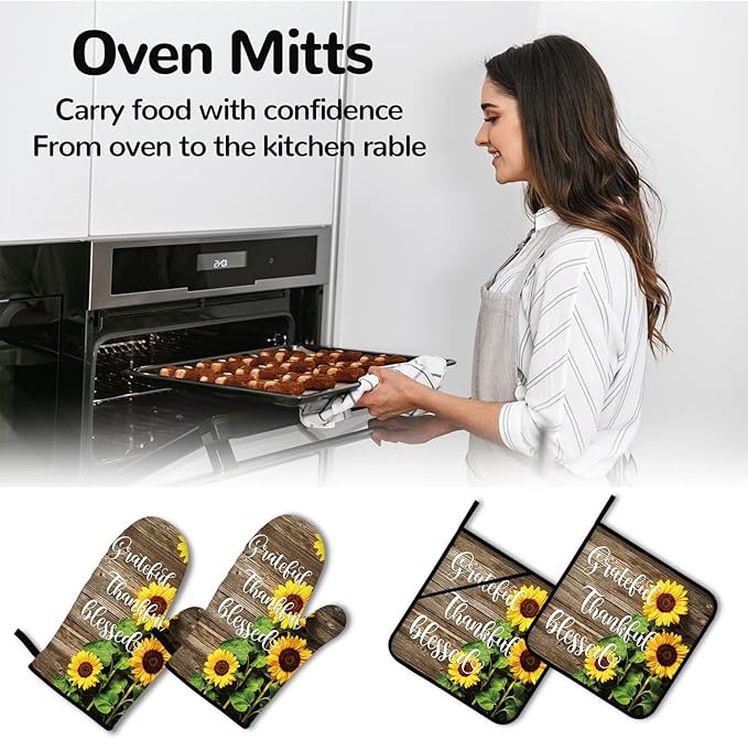 Sunflower Oven Mitts and Pot Holders 4pcs Set Wood Board Rustic Oven Mitts Summer Floral Heat-Resistant Non- Slip Oven Gloves for BBQ Baking Grilling Kitchen (Blessed)