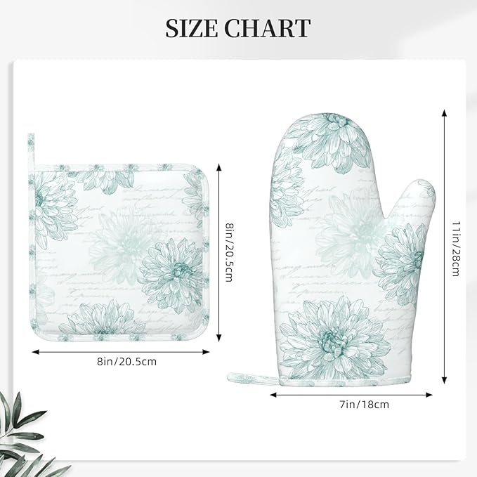 Oven Mitts and Pot Holders Flower Dahlia Line Art Vintage Silicone Kitchen Accessories Set of 2 Heat Resistant Long Gloves Potholder Non-Slip Grip for Chef Cooking,Baking,Grilling,BBQ
