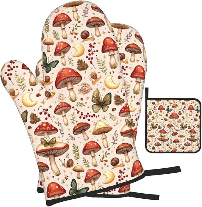 Mushroom Pot Holders and Oven Mitts Set, Botanic Farmhouse Potholders and Oven Mitts for Baking Cooking Grilling BBQ, Mushroom Gifts for Women Chef Baker
