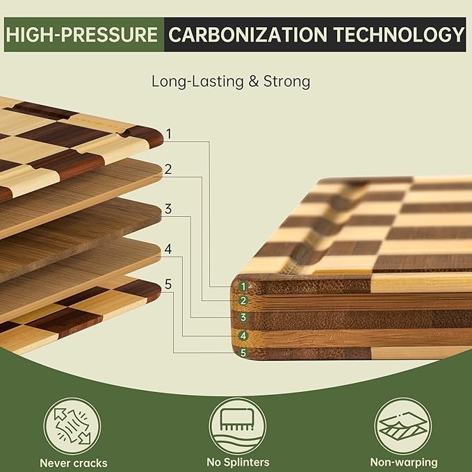 3 Pack Checkered Bamboo Cutting Board Set, Decorative End Grain Thick Wood Cutting Board, Crack-Resistant, Heavy Duty Non-slip Chopping Boards, Aesthetic Serving Trays for Home Decor, Gift