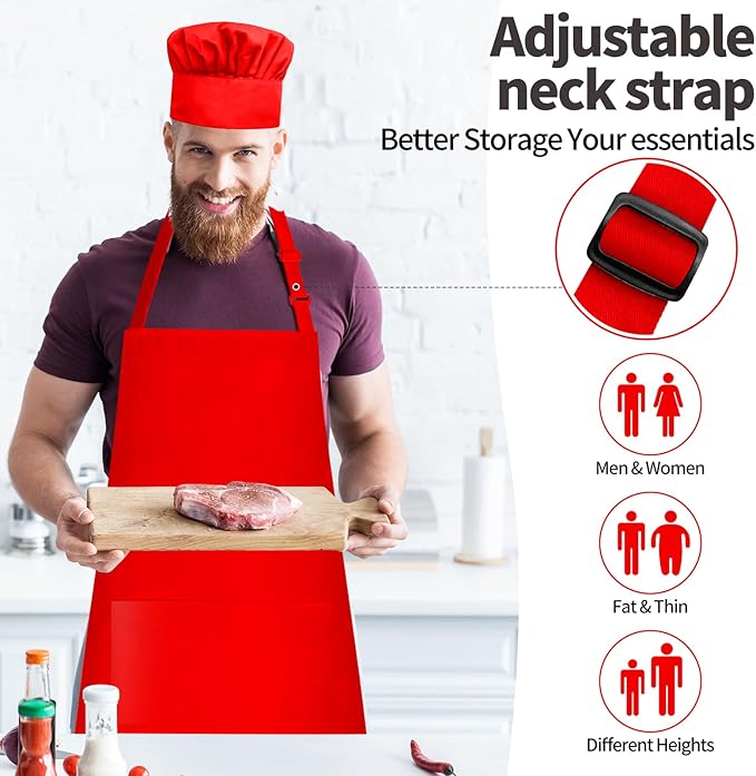 Chef Apron and Hat Set, Chef Hat and Kitchen Apron with Front Pockets for Adult