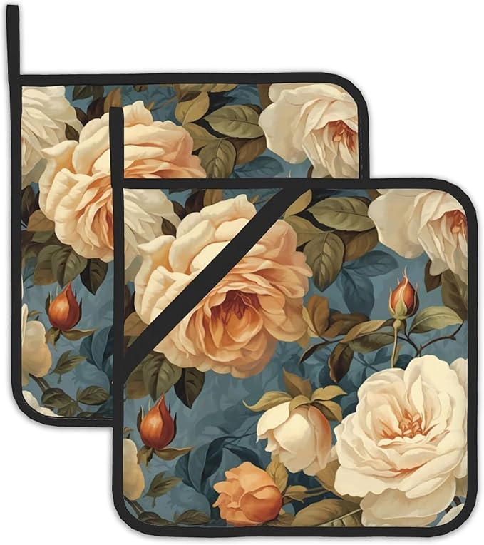2 Pack Vintage Roses Floral Pot Holders for Kitchen Heat Resistant, Potholders for Kitchens Washable for Cooking & Baking & Microwave