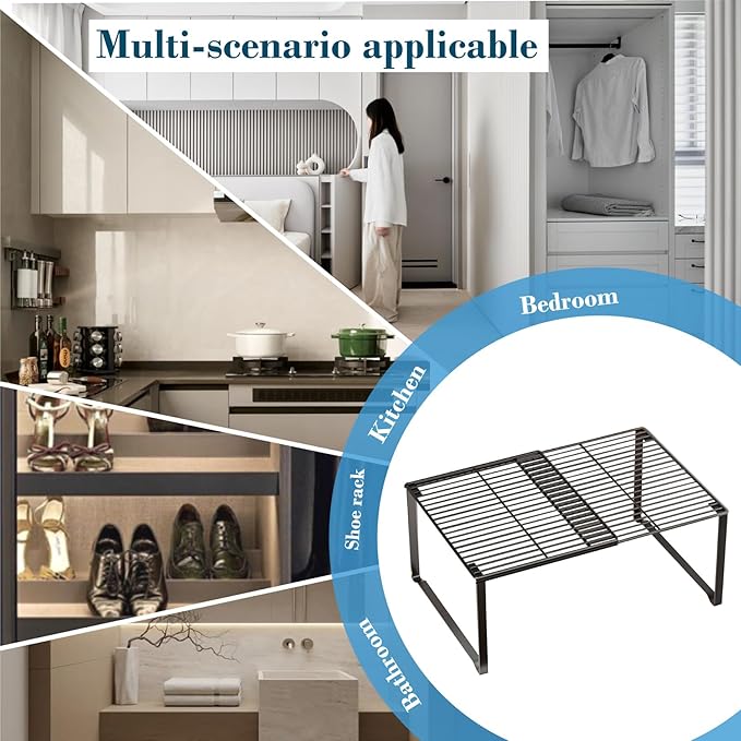 Extendable Metal Wire Shelf Organizer - Adjustable 15-24.4in Length, Stackable Storage Rack for Kitchen/Pantry/Bathroom/Shoe Cabinet/Tool Closet (2, White)