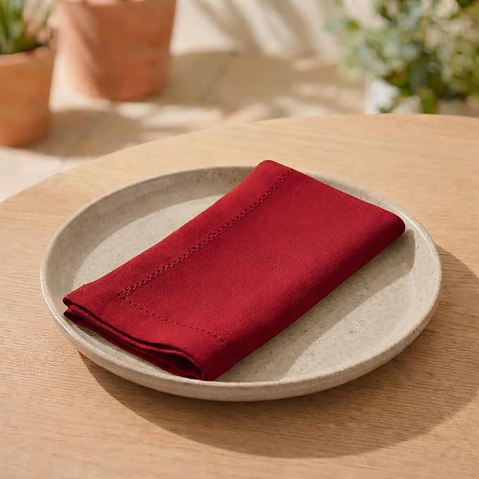 PurpleEssences Set of 12 Hemstitch Cloth Dinner Napkins 100% Cotton - Soft Durable Washable - Ideal for Wedding Spring Easter Summer - Perfect Everyday Use Table Linen 18x18 - Red