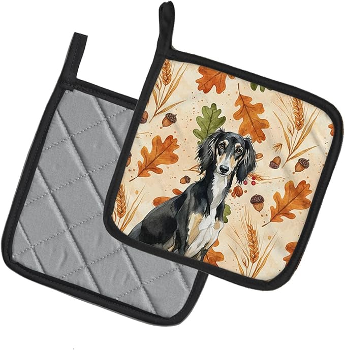 Caroline's Treasures Black and Tan Saluki Heirloom Fall Pair of Pot Holders Pair 7.5x7.5 Quilted Insulated Hot Pads Decorative Kitchen Gift Made in USA
