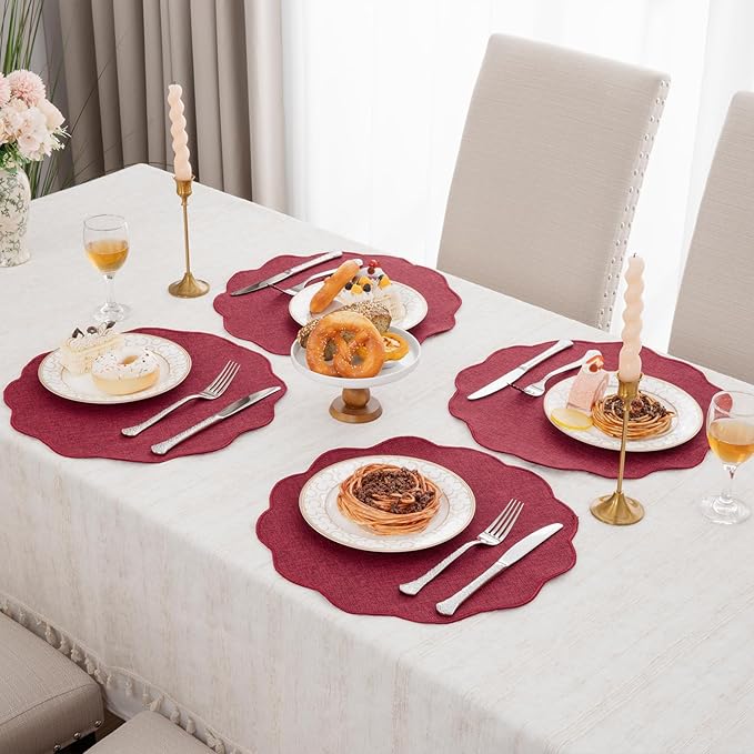 SHACOS Scalloped Round Placemats Set of 6 Polyester Linen Blend 15 inch Washable Non Slip Place Mats Easy Clean Heat Resistant Table Mats for Kitchen Dining Table Decor, Red